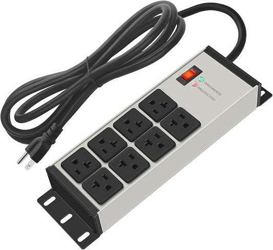 CCCEI Magnetic Heavy Duty Power Strip Surge Protector 20Amp, 12 Gauge High Amp Extension Outlets, Garage Wall Mount 8 Plug Metal Power Strip. 25FT, Grey, 5-15P Adapter 6-20R T-Slot 20a for Appliance