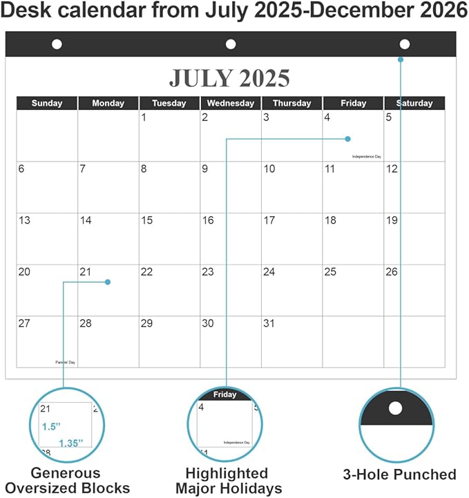 Calendar 2025-2026 for 3 Ring Binder - Wall Calendar from July 2025 - December 2026, 18 Months Calendar with Premium Paper, 3-Hole Calendar/Planner 2025-2026, 8.5" x 11", Black