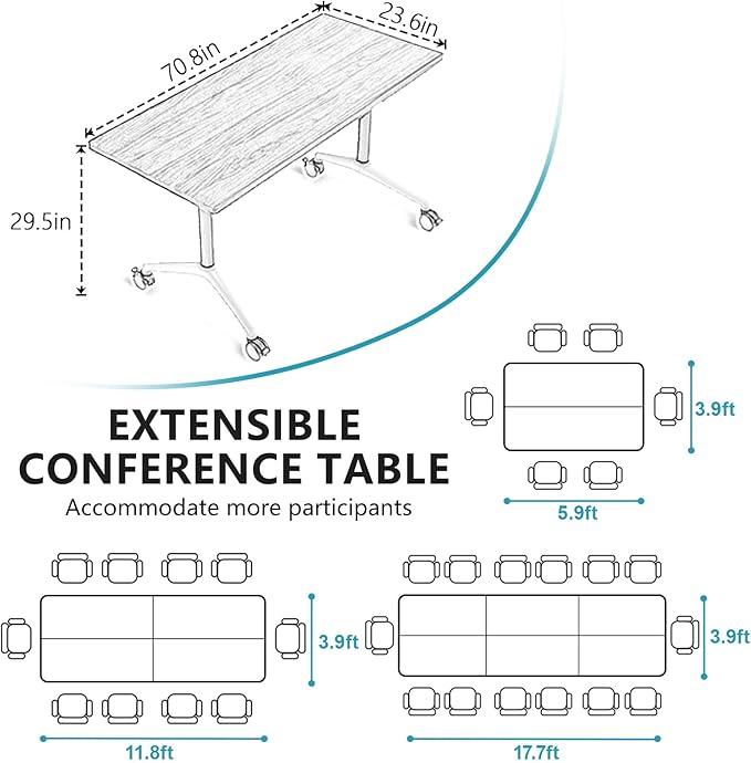 Conference Room Table, Folding Conference Tables,Thicken Grey Tabletop,Flip Top Wooden Seminar Meeting Room Table for Conference Room Offices (10, Black, 70.8”)