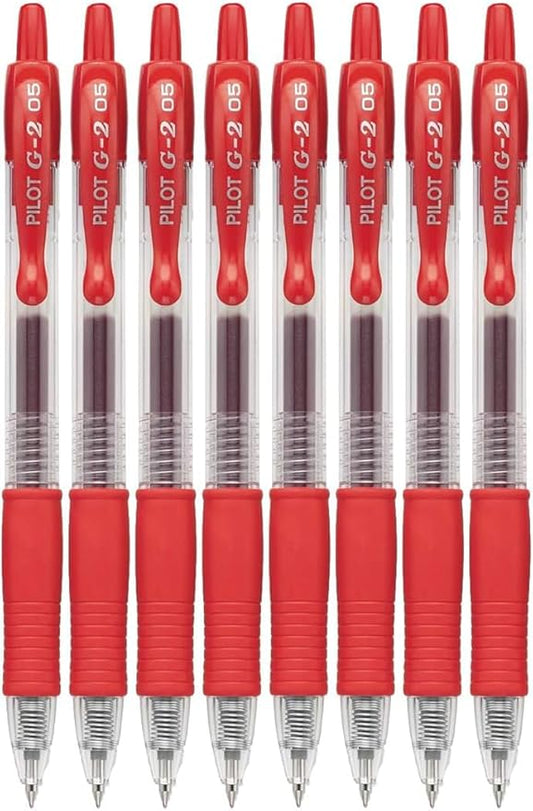 G2 Retractable Premium Gel Ink Roller Ball Pens Extra Fine Point (.5mm) Red Ink 8 pack; Refillable & Premium Comfort Grip Bundle with Plastic Reusable Pouch