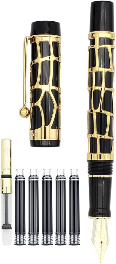 Gullor Century 100 Fountain Pen, Skeleton Hollow-out Series Golden, Screw-Cap, Fine Nib, Black