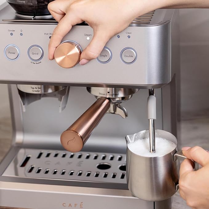 Café Bellissimo Semi Automatic Espresso Machine + Milk Frother | WiFi Connected, Smart Kitchen Essentials | Built-In Bean Grinder, 15-Bar Pump & 95-Ounce Water Reservoir | Steel Silver