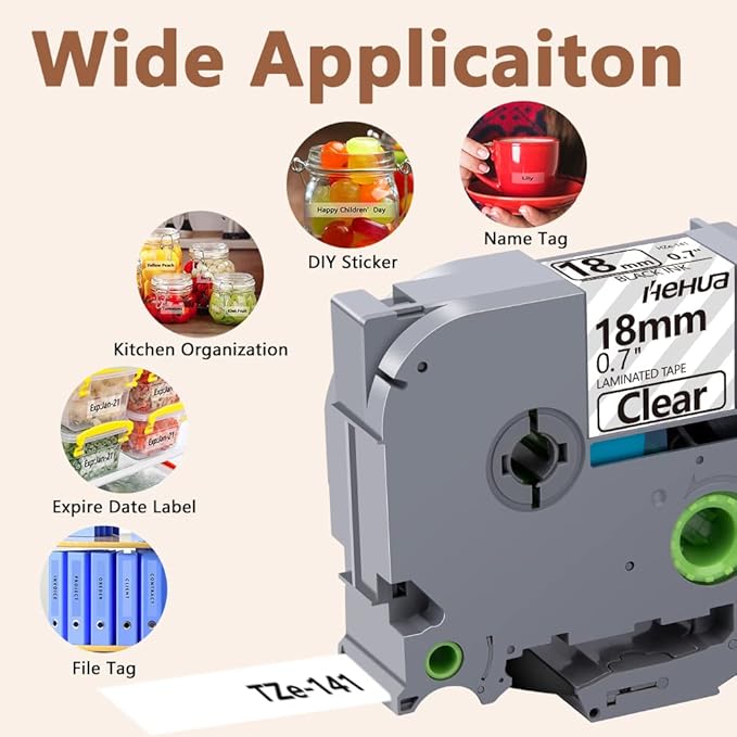 Hehua 18mm 0.7 Laminated Clear Label Tape Compatible for Brother Clear Label Maker Tape TZe-141 TZe141 TZ-141 TZ141 for P Touch PT D400 D450 D600 D610 P710BT, 3/4'' x 26.2ft Black on Clear, 3 Pack