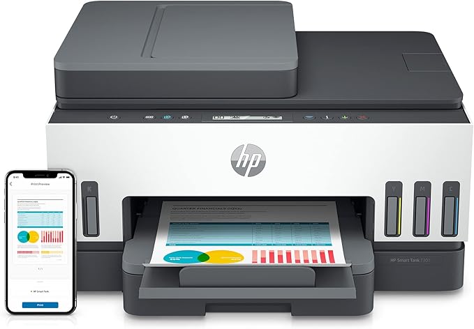 HP Smart Tank 7301 Wireless All-in-One Refillable Ink Tank Printer, Scanner, Copier with 2 years of ink included, Best for home office(28B70A)