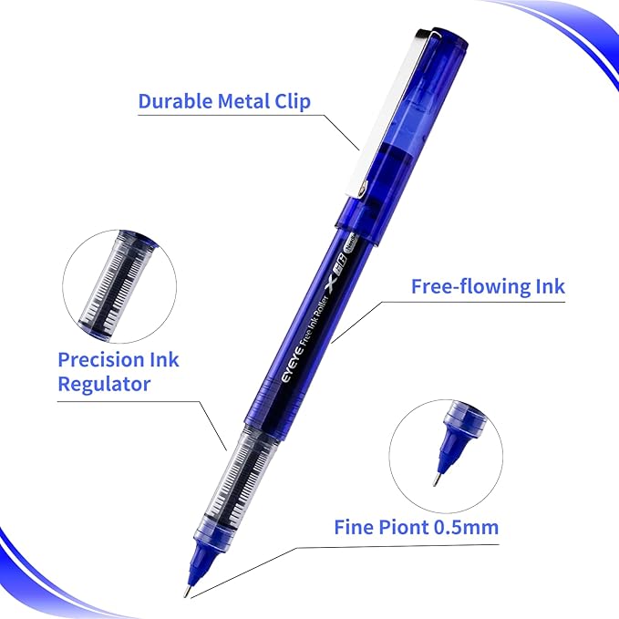 EYEYE 16 Pcs Rollerball Pens, Liquid Ink Blue Quick Dry Gel Pen, 0.5mm Fine Needle Nib for Taking Notes Doodling, School Office Home Supplies