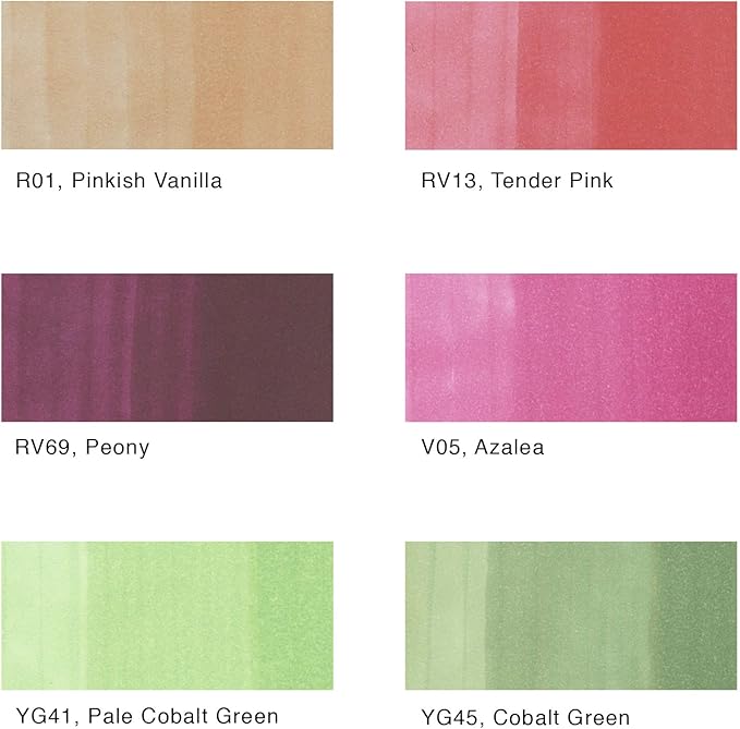 Copic Sketch Alcohol Markers, 6 Color Dual Tip Art Marker Set – Blendable Brush Tips for Drawing, Sketching, and Illustration – Professional Set for Adults/Teen Artists & Creators - Floral Favorites 1