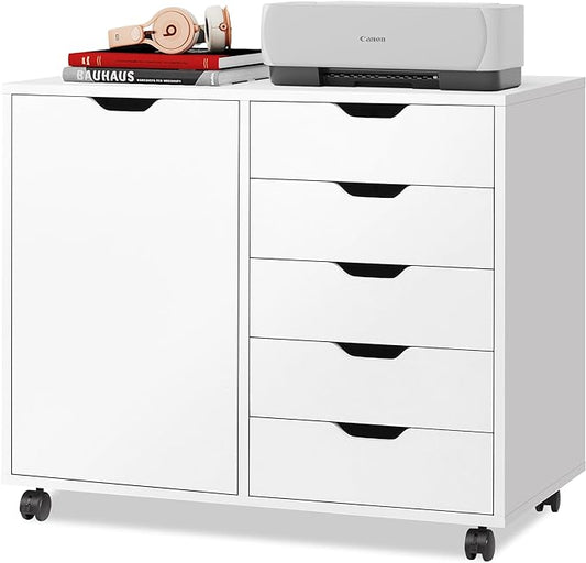 DEVAISE 5-Drawer Wood Dresser Chest with Door, Mobile Storage Cabinet, Printer Stand for Home Office