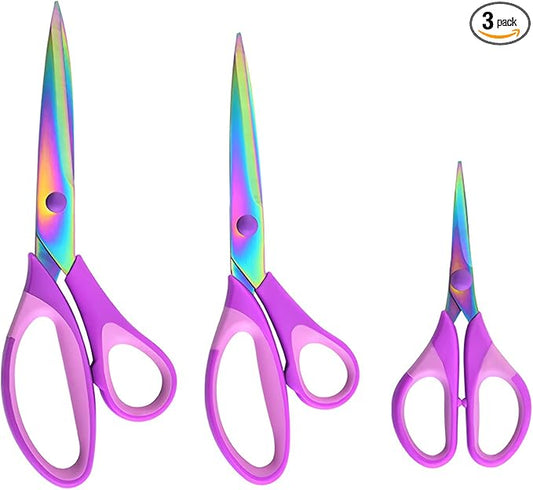 Craft Scissors Set of 3 Pack, All Purpose Sharp Titanium Blades Shears, Comfort Grip Handle, Multipurpose Fabric Scissors Tool Great for Adults, Office, Sewing, School and Home Supplies, Purple