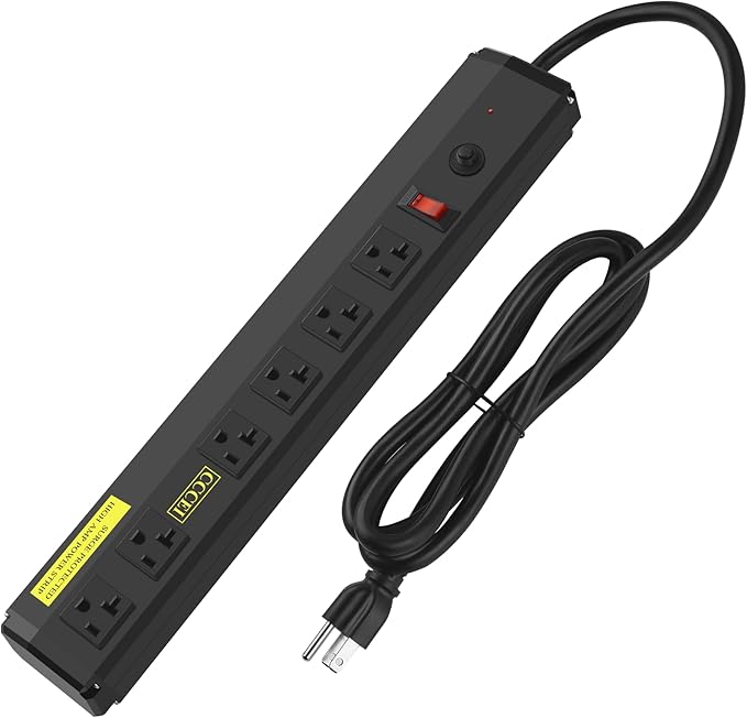 CCCEI Heavy Duty Power Strip Surge Protector 20 Amp, High Amp Industrial Shop Garage Metal Multiple Outlets, 12 FT 12 Gauge 5-15P Extension Cord 6 Outlet 6-20R T-Slot 20a for Appliance, Black.