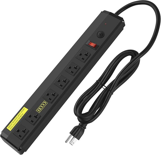 CCCEI Heavy Duty Power Strip Surge Protector 20 Amp, High Amp Industrial Shop Garage Metal Multiple Outlets, 15 FT 12 Gauge 5-15P Extension Cord 6 Outlet 6-20R T-Slot 20a for Appliance. Black.