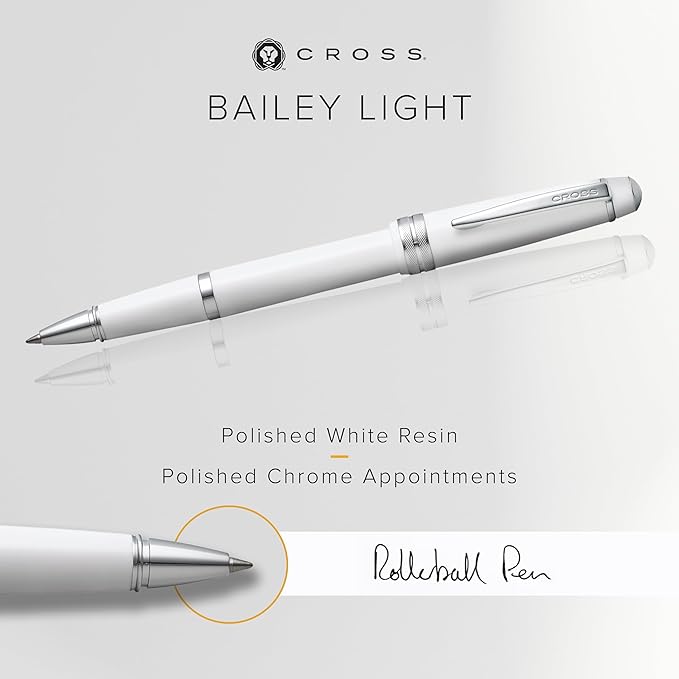 Cross Bailey Light Refillable Rollerball Pen Presented in a Everyday Gift Box - Medium Point, Black Ink, Polished White