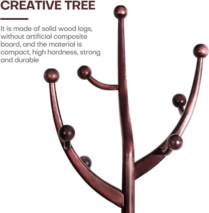 Coat Rack Freestanding Wood Tree Rack with 8 Hooks, Creative Design Tree Branch-look, Coat Tree Clothes Hanger Stand with Stable Sphere Base for Entryway, Hallway, Bedroom (Wine Red)