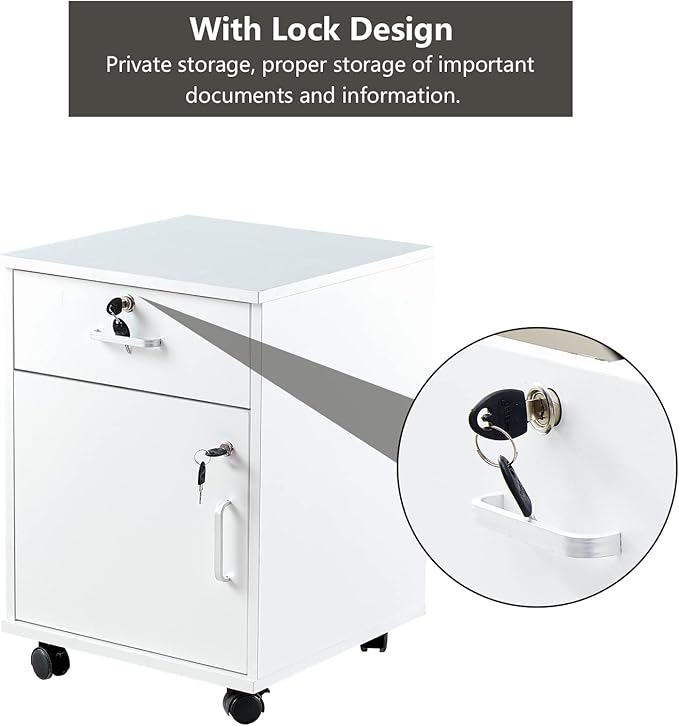 CLIPOP Rolling Storage Cabinet with Drawer, Home Office Cabinet with Lock, Under Desk Storage Cabinet for Home Office (White)