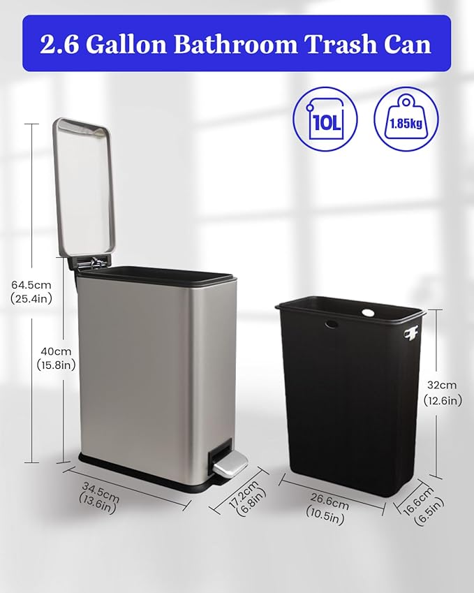 Grey Trash Can, 2.6 Gallon Bathroom Trash Can with Lid, Stainless Steel Garbage Can with Removable Liner, 10 Liter Rectangle Step Trash Bin for Office, Kitchen, Bedroom, Living Room, Dorm