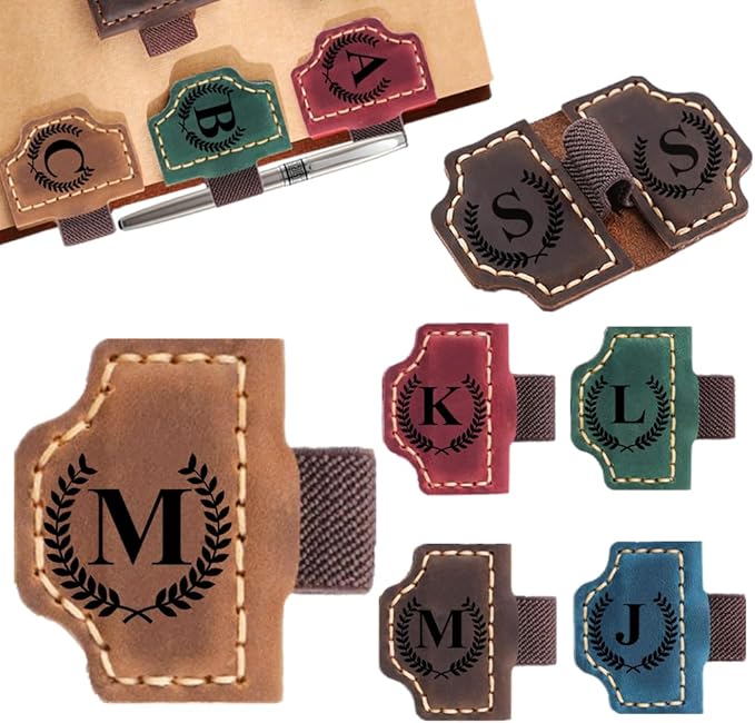 Custom Bookmark with Pen Holder with 26 Letters Personalized Magnetic Leather Book Mark, Customized Name Book Marker Clip with Initial for Men Women, Gifts for Book Lovers, Readers, (Brown, M)