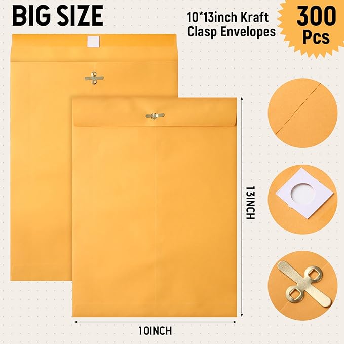 Ctosree 300 Pcs Manilla Envelopes Clasp Envelopes Bulk Brown Kraft Catalog Letter with Clasp Closure and Gummed Seal 28lb Heavyweight Paper (10 x 13 Inch)