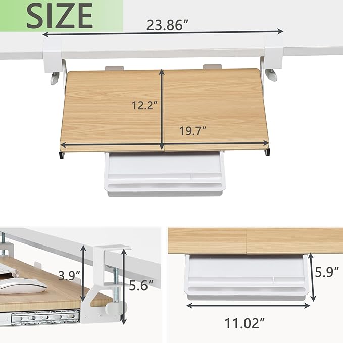ETHU Keyboard Tray Under Desk, 19.7" X 12.2" Small Size C Clamp Keyboard Drawer Under Desk, Computer Keyboard Stand Slide Pull Out, Ergonomic Keyboard Tray for Home, Office (Oak)