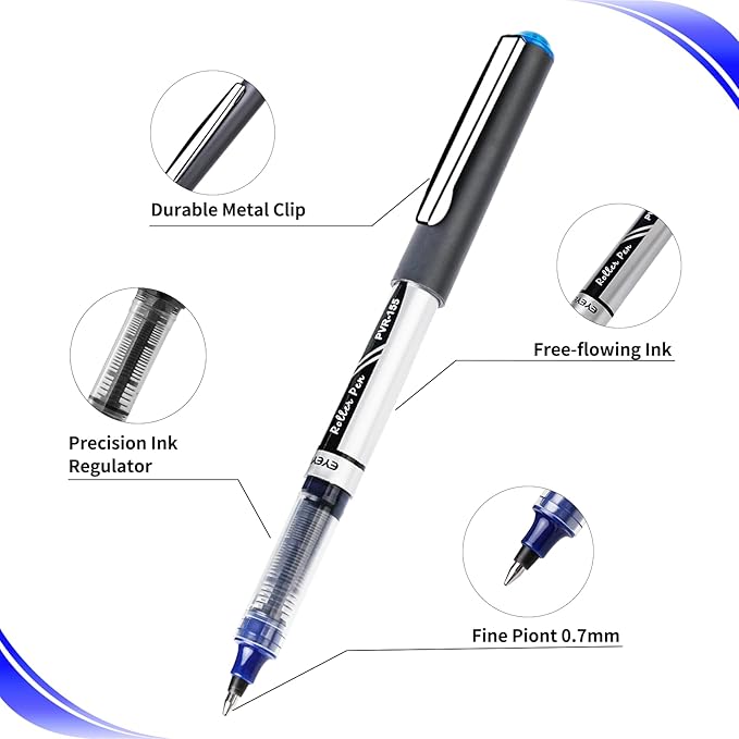 EYEYE 0.7mm Liquid Ink Blue Pens Roller Ball, 50 Pack Rollerball Pen Medium Point Quick Dry, Blue Ink Pens Fine Point Smooth Writing Pens for Journaling, Note Taking, Office and School Supplies