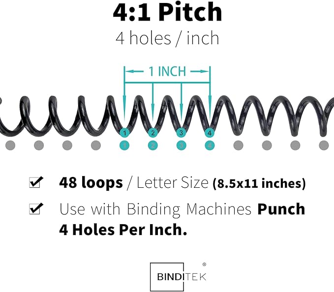 Binditek 100 Pack Plastic Spiral Binding Coils, Multi Size (14mm, 16mm, 20mm, 25mm) (9/16", 5/8", 13/16", 1"), 4:1 Pitch, Black, for Students and Coworkers