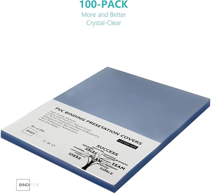 Binditek 100 Pack 10 Mil PVC Clear Binding Covers, 8.5 x 11 Inches, Letter Size, Square Corners, Un-Punched, Office Supplies