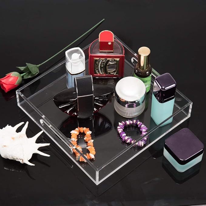 Clear Sturdy Acrylic Serving Tray with Handles - 10x10Inch - Coffee, Appetizer, Breakfast, Butler Tray - Kitchen Countertop & Vanity Table Organizer