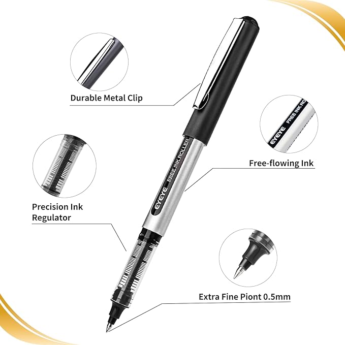 EYEYE 0.5mm Black Pens 12 Pack, Extra Fine Point Rollerball Pen Quick Dry, Liquid Ink Pens Fine Point Smooth Writing Pen for Journaling, Note Taking, Office, School Supplies