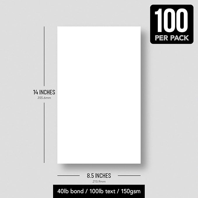 Bright White Paper - Multipurpose Office Print Writing Copy - Flyers, Posters, Design Proposals, Business Documents | 8.5 x 14 | 100lb Text (40lb Bond) | Acid Free Paper | 100 Sheets per Pack