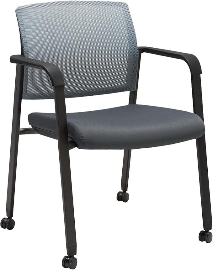 CLATINA Grey Waiting Room Chair with Wheels Mesh Back Stacking Arm Chairs with Upholstered Fabric Seat and Ergonomic Lumbar Support for Office School Church Guest Reception