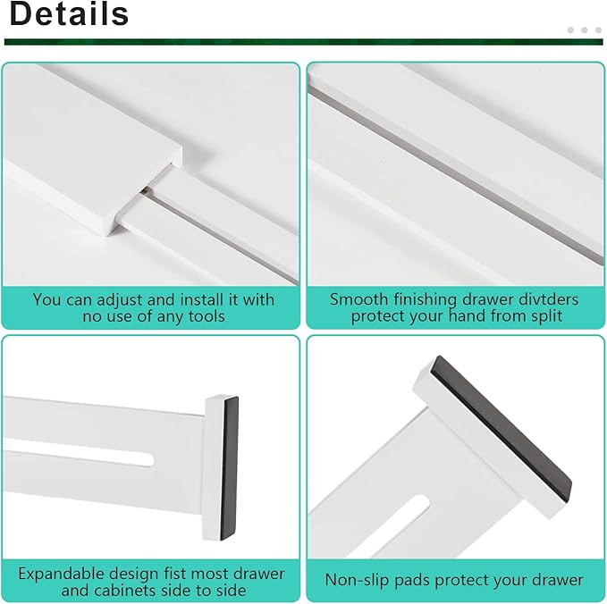 FJO 4 Pack Adjustable Bamboo Drawer Dividers - 11.8" - 17" Expandable Drawer Separators for Kitchen, Utensils, Clothes, Bedroom, Dresser, Bathroom (White)