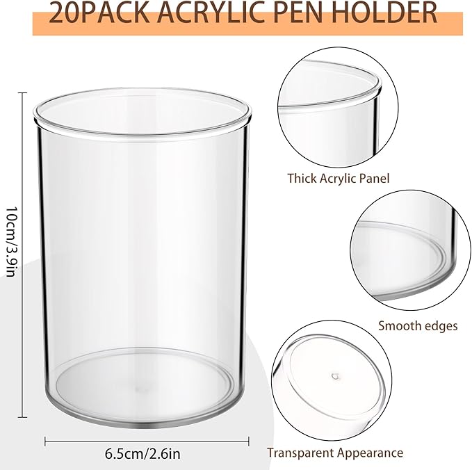 Crtiin 20 Pack Clear Acrylic Pen Holder Makeup Brush Round Pencil Holder for Desk Pen Cups Desk Organizers and Storage Desktop Stationery Organizer for Office School Home Supplies