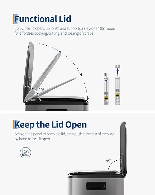 GarveeHome 2 x 8 Gallon Stainless Steel Double Trash Can with Lid for Kitchen, Large Dual Trash and Recycle Bin Combo, Step-on Kitchen Metal Garbage Cans, PP Inner Buckets, Liner Rim, Matte Grey