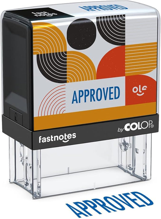 Fastnotes Approved Self-Inking Rubber Stamp by COLOP - Great for Office Documents, Notary, Warehouse, Accounting Paperwork, Business, and Legal Documentation - Blue Ink (Approved- Blue)