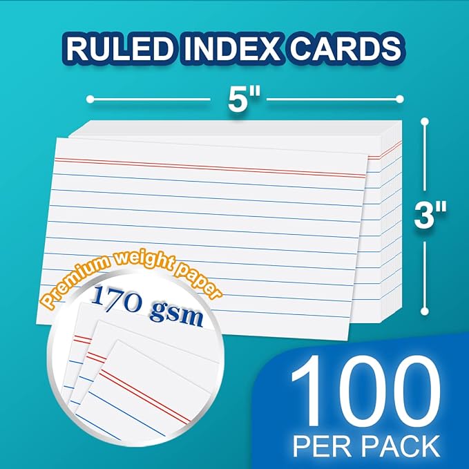 H4D 3x5 Index Card Case with 100 Heavyweight Ruled Index Cards and Dividers, Black