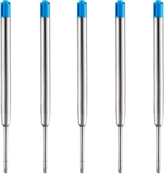 DunBong Blue Ink Refill Pack of 5, Replaceable Ballpoint Pen Refills, Medium Point Metal Refill (Blue)