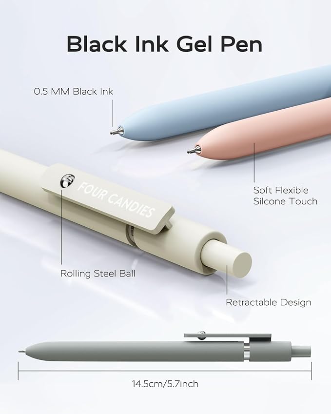 Four Candies Gel Pens, 6 Pcs 0.5mm Quick Dry Black Ink Pen Fine Point Smooth Writing Unique Pen, Office Home School Supplies Essentials Pretty Girl Cute Pens, Gifts for Women(Morandi)