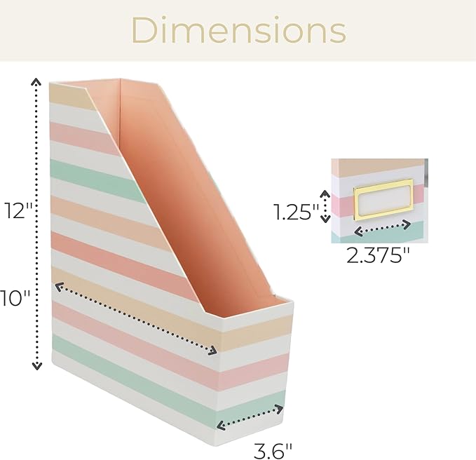 BLU MONACO Set of 4 Foldable Magazine Holders in Pastel Stripes – Sturdy Cardboard Vertical Organizers with Label Holders – Office File Storage Box, Desk Organizer, Paperwork and Document Holder
