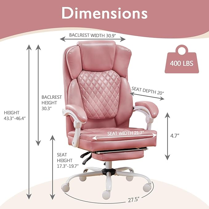 Ergonomic Office Chair with Foot Rest, Executive Chair with Footrest PU Leather Computer Chair, Big and Tall Chair Reclining Desk Chair, Thick Padded Coil Spring Seat, 400 lbs Capacity (Pink)