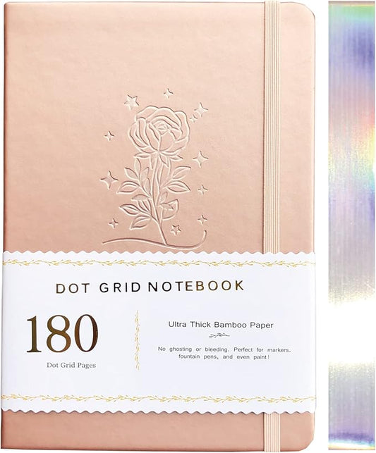 BUKE Dotted Notebook Journal 180GSM Bamboo Thick White Paper 160 Pages 5 * 5MM Dot Grid, Lay Flat Binding,Colored Silver Edges, Bookmarks and Expandable Back Pocket (BKP-4) ROSE