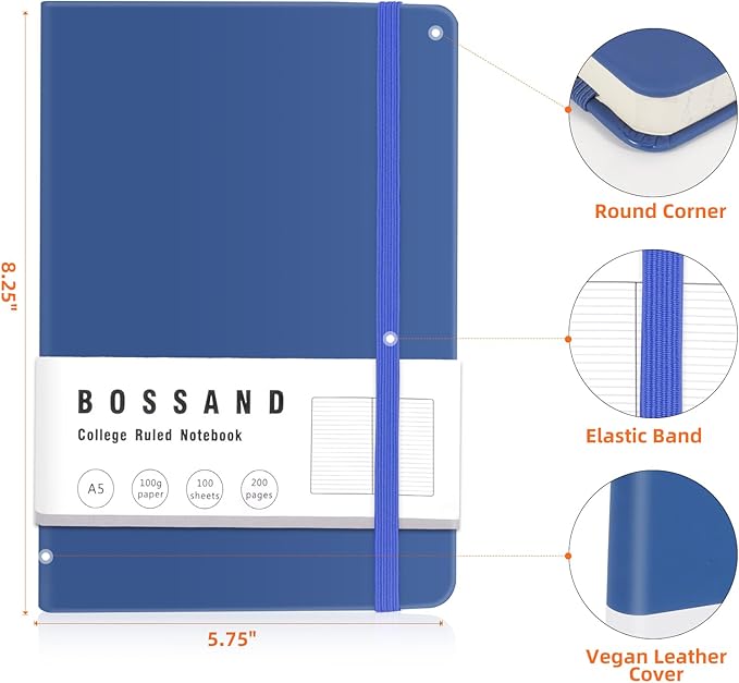 BOSSAND Lined Journal Notebook, A5 Journals for Writing, 200 Pages 100 GSM Thick Classic Ruled Paper, Hardcover, 8.25 inches x 5.75 inches, Navy Blue