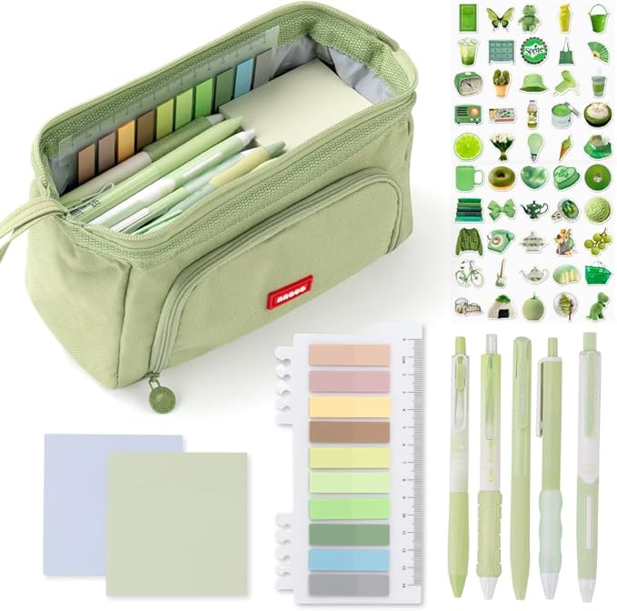 HVOMO Stationery Set,1 large-capacity pencil case,5 quick-drying pens,50 waterproof stickers,2 sticky note pads(200 sheets),1 set of 10-color index labels (200 sheets),Student stationery gift(Green)