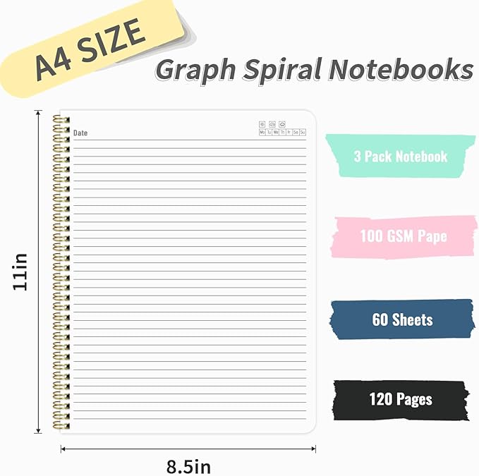 Blue Notebook 8.5" x 11", A4 Lined Spiral Notebook Hardcover College Ruled Notebook for Work, 120 Pages 100GSM Large Thick Writing Journal for Women & Men