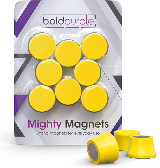 Extra Strong Magnets for Whiteboard, Glassboard and Fridge (Yellow, 8 Pack, Small). N54 Neodymium Rare Earth Heavy Duty Magnets for Home and Office Supplies.