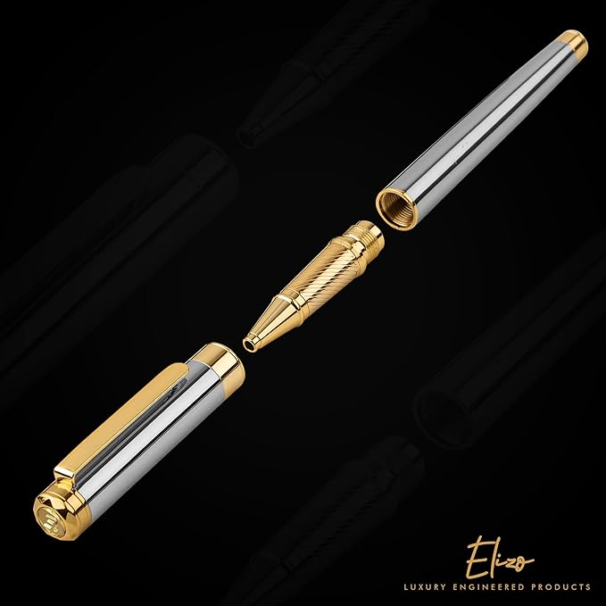 ELIZO Luxury Pen Fancy Real 24K Gold Plated Trim Chrome Silver Nice Pen Gift Rollerball Cool Best Pens Schmidt Ink EDC Pen Executive Smooth Writing Pens for Men Women