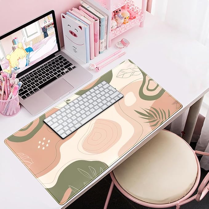 Boho Green Cream Desk Mat Boho Kawaii Green Mouse Pad Cute Desk Mat, Large Aesthetic Mouse Pad XL Desk Decor for Women with Stitched Edge Mouse Desk Pad for Keyboard and Mouse Desk Pad, 31.5x15.8in.