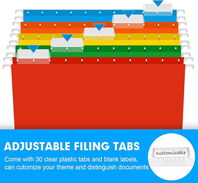 Extra Capacity Hanging File Folders, RAZCC 30 Pack Letter Size Reinforced Hanging Folders with Heavy Duty 2 Inch Expansion for Bulky Files, Filing Cabinet, Adjustable Tabs, Assorted Colors