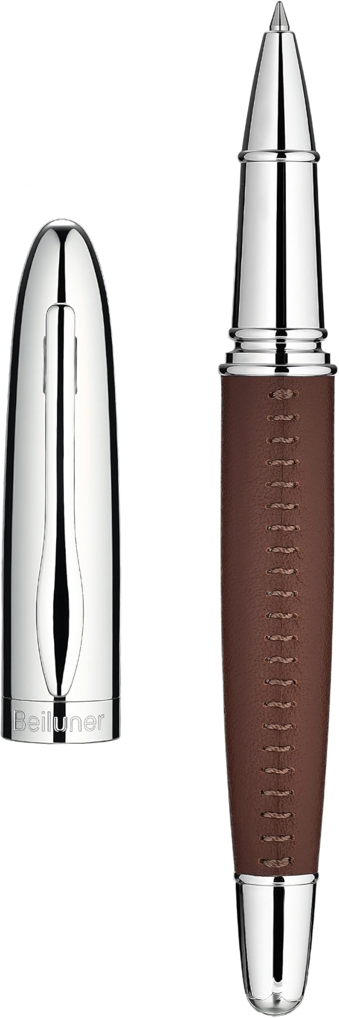 BEILUNER 318 Luxury Leather Pen, Hand-Stitched Premium Leather, Chrome-Plated Finish, Schmidt Ink Refill, Fancy Rollerball Pen Gift Set for Men & Women, Executive Writing, Nice Designer pen