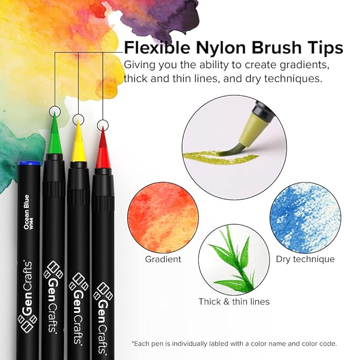 GenCrafts Watercolor Brush Pens Set of 20 Premium Colors - Real Brush Tips - No Mess Storage Case - Washable Nontoxic Markers - Portable Painting