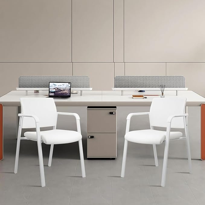 CLATINA Stacking Office Chairs | Mesh Back, Thicken Leather Seat and Arms, Ergonomic Lumber Support | Guest Reception, Waiting, Conference, School, Party, Customer, Side, Stationary | Set of 8, White