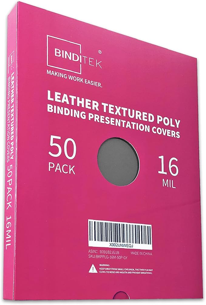 Binditek 50 Pack 16 Mil Leather Textured Polycovers - Binding Presentation Covers for Business Reports and Proposals 8-1/2 x 11 Inches, Grey Color, for Students and Coworkers