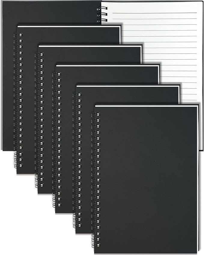 GINMLYDA Black Small Spiral Notebook 6Pack, 120 Lined Pages 8.25x5.50 Inches Spiral Journal Kraft Cover Notebooks & Writing Pads for School Home Office Aesthetic Sketch Drawing Note